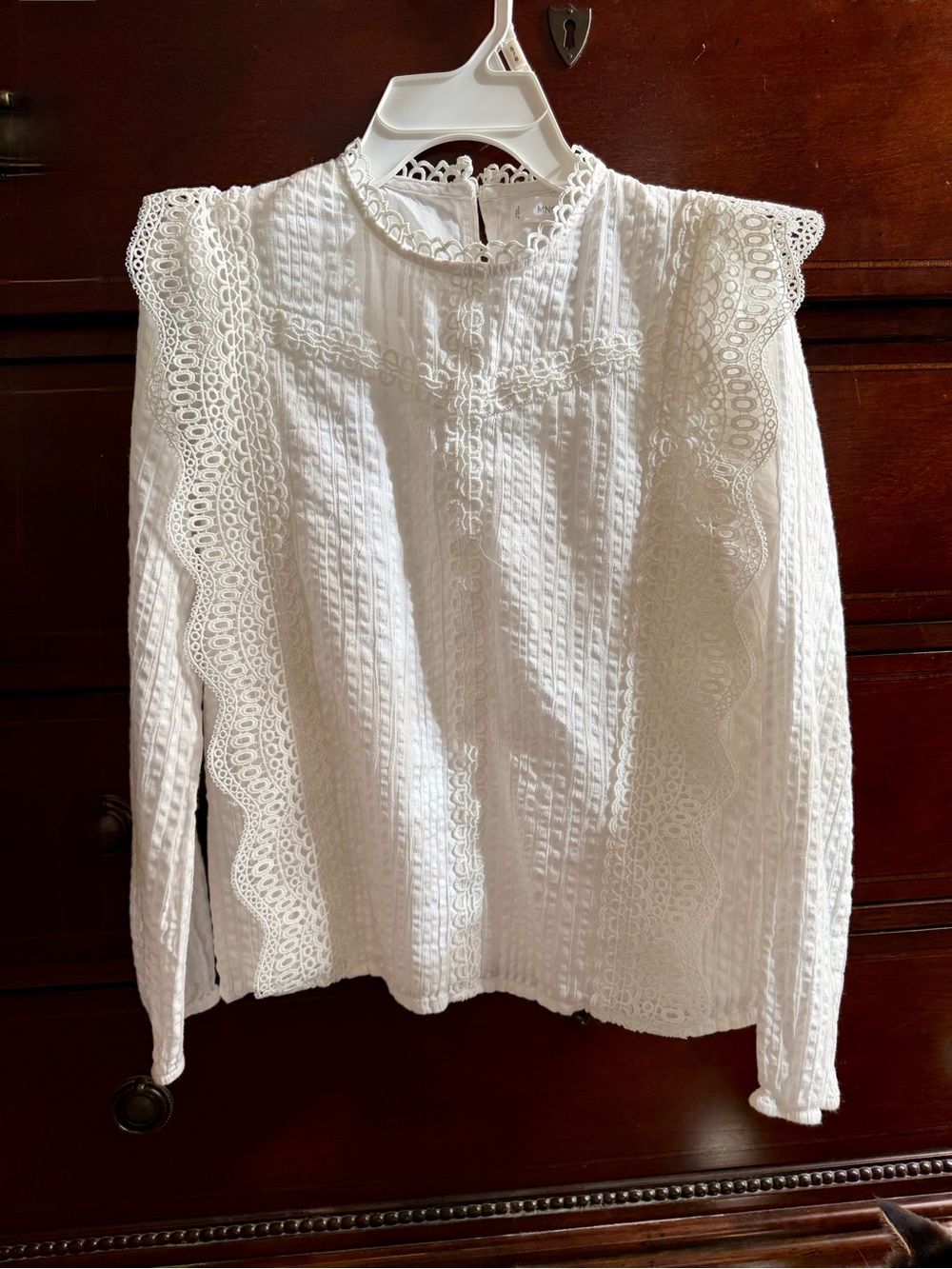 Mango White Lace-Trim Long Sleeve Blouse